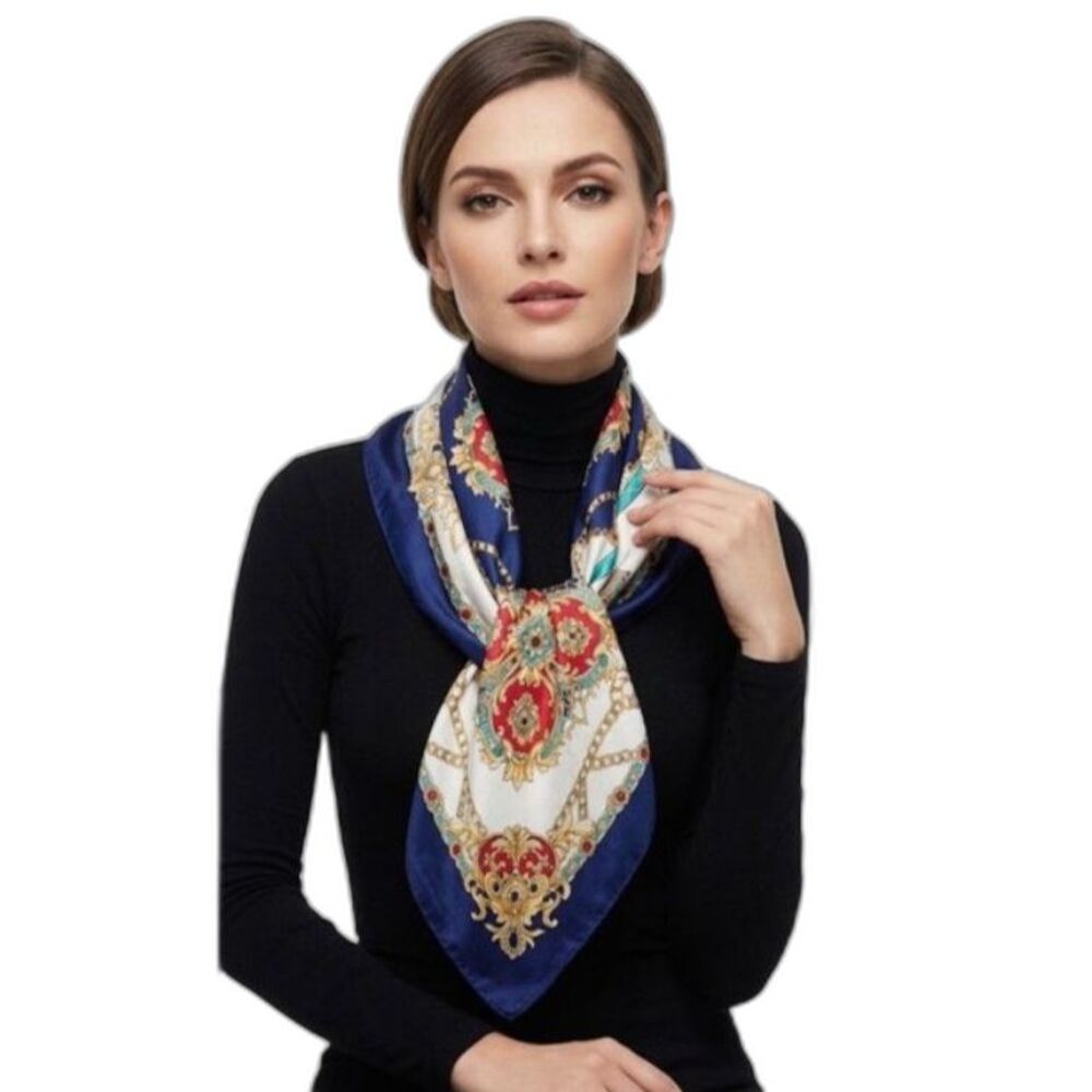 MOSI Women's Royal Blue Red Gold Saddle Chain Print Polyester 35" Square Scarf